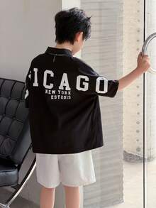 SHEIN 1件装青少年男童休闲舒适百搭字母印花蝙蝠袖衬衫，适合春夏穿着 - 黑色 - 查看 2