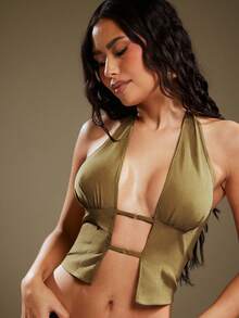 Denimoi Women's Backless Halter Neck Slim Fit Sexy Crop Top - Yellow - View 1