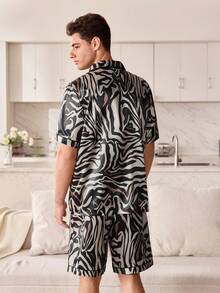CoupledUp Zebra Print Faux Silk Short Sleeve Shorts Men Pajama Set - Multicolor - View 3