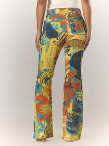 MUSERA Fitted Asymmetric Waist Low Rise Print Flare Jeans Cool Girl, , Going Out, Sexy, Crimson Winter Chic - Orange - View 2