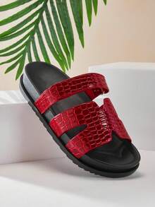 SHUZIA 圆头双带平底拖鞋凉鞋度假风夏季鞋春季鞋春假复活节度假鞋休闲鞋沙滩鞋 - 紅色 - 查看 2