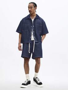 SUMWON Oversized Denim Button Down Short Sleeve Shirt And Matching Elastic Waist Shorts Co-Ord Set With Contrast Stitching - Dark Wash - View 1