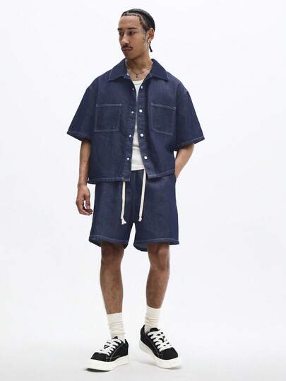 SUMWON Oversized Denim Button Down Short Sleeve Shirt And Matching Elastic Waist Shorts Co-Ord Set With Contrast Stitching