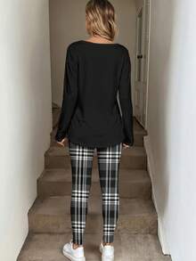 SHEIN LUNE 2pcs/Set Kaos Lengan Panjang Motif Kotak-kotak dan Legging Ukuran Besar untuk Wanita, Musim Gugur/Dingin - MultiWarna - View 2