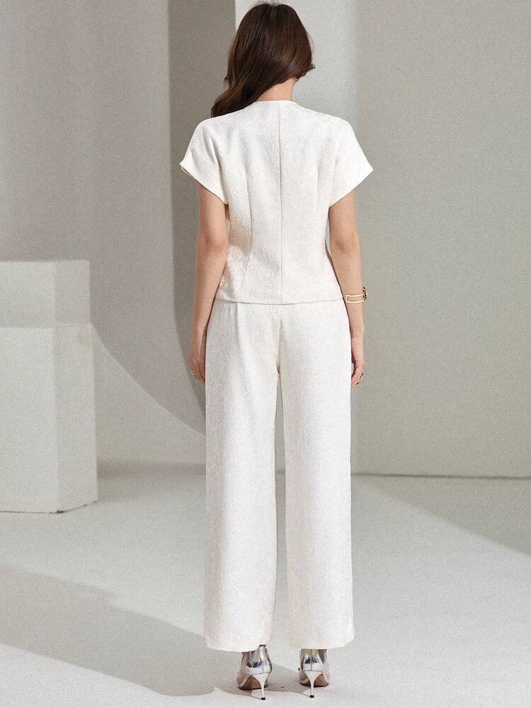 Spring & Summer Slim Fit Casual Commuter Professional Outfit, Cropped Top And Straight Leg Pants Set, Elegant Old Money Style For Women