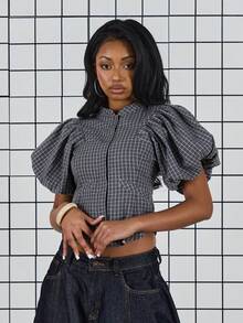 COUREZ 泡泡袖格子上衣 / Y2K 女式可爱上衣 外出可爱性感街头风优雅 - 灰色 - 查看 5