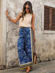 EMERY ROSE Women's Beige Summer Boho Vacation Holiday Cotton 2 Pieces Set,Contrast Trim Camisole And Floral Print Wide Leg Palazzo Pants,Casual Beach Outfits - Multicolor - View 7