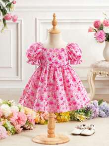SHEIN 女宝宝可爱甜美碎花印花优雅夏日连衣裙 - 玫紅色 - 查看 2