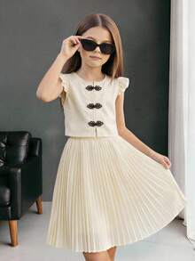 SHEIN Tween Girls Elegant Black And White Summer Tea Party Set,Retro Button Ruffle Sleeveless Tank Top & Solid Color Pleated A-Line Skirt 2-Piece Set - Apricot - View 3