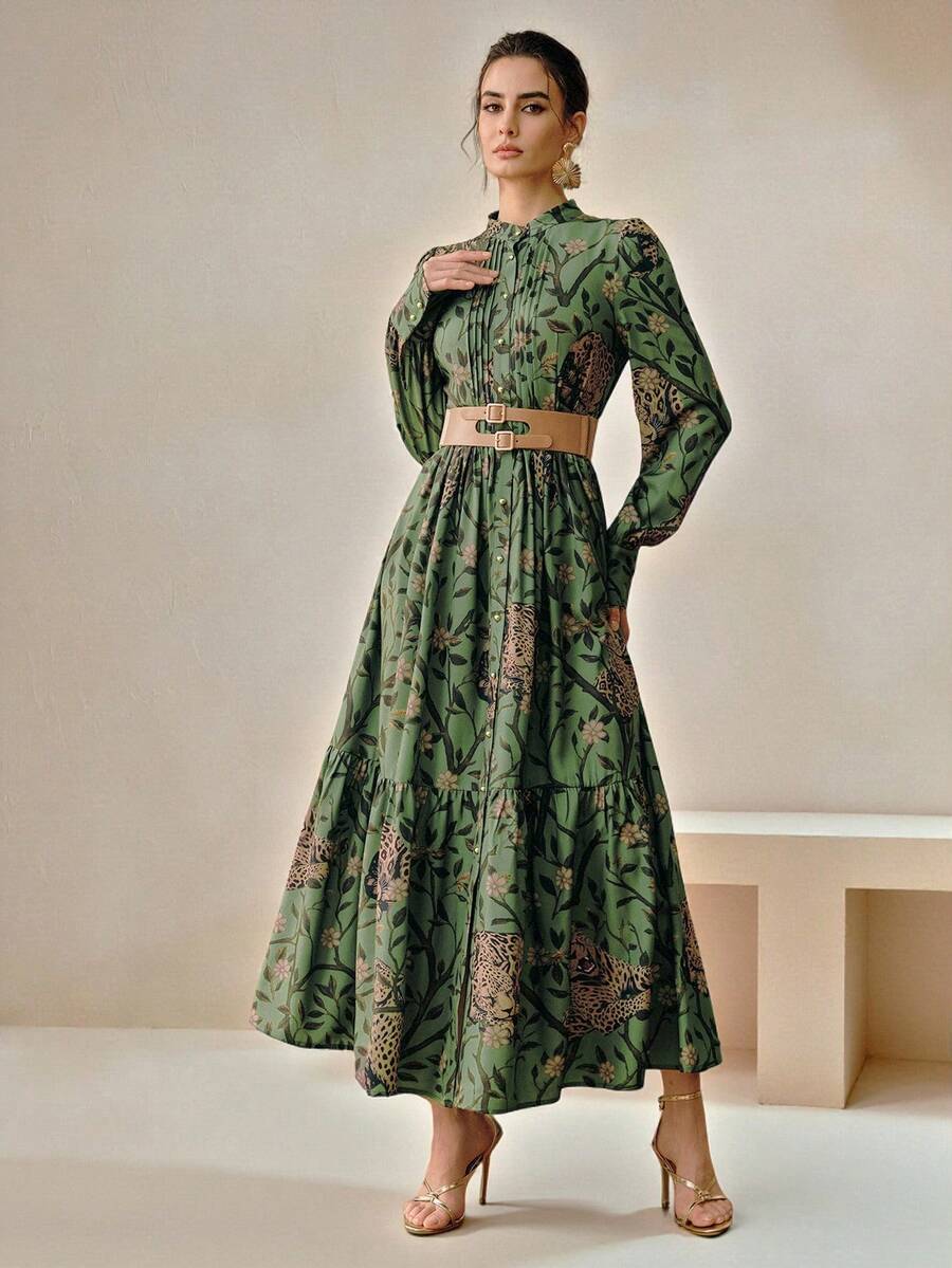 Anewsta Spring New Women's Dress With Belt, Leopard Print Design, Commuter Style - Army Green - View 1