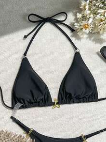 Elavelle Women's Summer Halter Neck Solid Color Metal Starfish Decor Sexy Bikini Top - Black - View 3