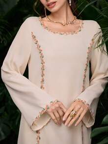 Modelyn Arabian Light Pink Patchwork Lace Straight Loose Traditional Robe Dress - Pink - View 2