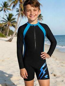 SHEIN Tween Boy Casual Sports Graphic Long Sleeve Rash Guard, Suitable For Beach, Swimming, Surfing - Black - View 8