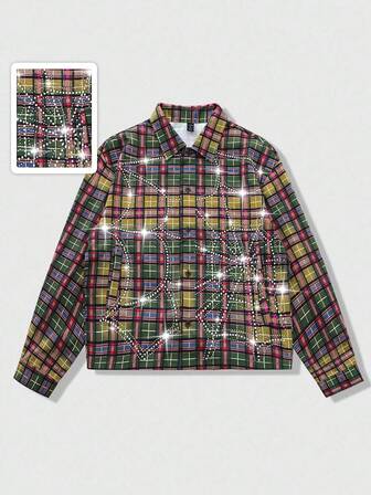 Street Life Camicia da uomo con motivo a quadri con strass, manica lunga, stile americano casual