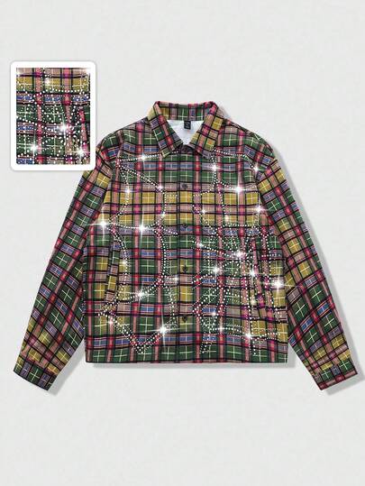 Street Life Men's Shirt With Rhinestone Plaid Pattern, Long Sleeve, Streetwear American Style