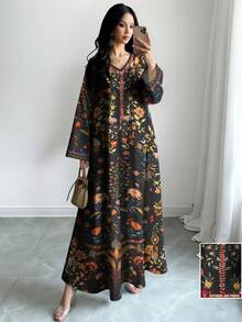 SHEIN Najma Women's Retro Floral & Plant Digital Print V-Neck Long Sleeve Elegant Arabic Style Dress, Spring/Autumn - Multicolor - View 1