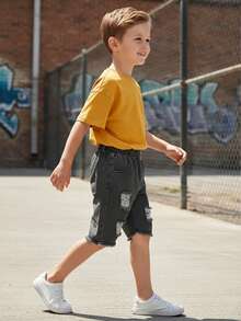 1pc Young BoyCasual Versatile Washed Blue Denim Shorts - Black - View 1