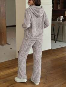 Mujer conjunto casual afelpado suave holgado con capucha manga larga otoño‑invierno para casa dos piezas,Conjuntos de dos piezas para mujer - Beis - Ver 3