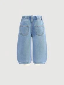 女婴蝴蝶结装饰宽松蓝色牛仔裤，夏季休闲时尚度假风，街头穿搭，2000年代风格，舒适柔软的牛仔面料，可爱白色立体蝴蝶结领带 - 淺色水洗藍 - 查看 2