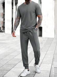 Manfinity Homme Men's Short Sleeve Crew Neck Zip-Up T-Shirt + Drawstring Pants Set, Grey T-Shirt Set, Casual Minimalist Style, Suitable For Daily Wear Casual Two Piece Set Men Mens Jogging Outfits Men Summer Sweatsuit Mens Street Wear Sets Men Joggers Suit Old Money,Daily Leisure, Weekend Trips, Outdoor Activities, Travel Expeditions, Relaxed Work Environments Or Semi-Formal Occasions, Boyfriend/Husband Gift, Anniversary /Birthday Gift Party Summer Vacation Holiday New Years Wedding Valentine's Day - Dark Grey - View 5