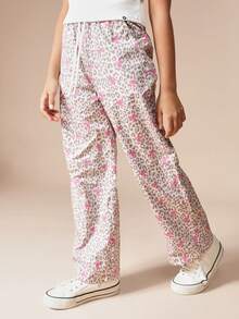 SUMWON 豹纹T恤阔腿裤套装，粉色蝴蝶结点缀，短袖圆领休闲两件套 - 杏色 - 查看 4