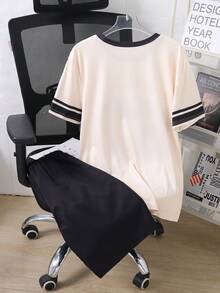 SHEIN Mirajuku 2件套青少年男童休闲圆领短袖上衣和短裤套装，运动清凉夏季装扮 - 彩色 - 查看 3
