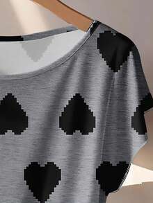 EMERY ROSE 两件套加大码女式休闲爱心印花上衣和裤子套装 - 灰色 - 查看 5