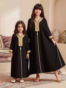 亮片缎带饰边V领长袖流苏设计少女休闲连衣裙 - 黑色 - 查看 9