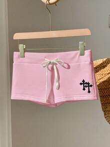 Comfortcana 休闲简约十字纹粉色抽绳腰修身短裤 - 淺粉色 - 查看 5