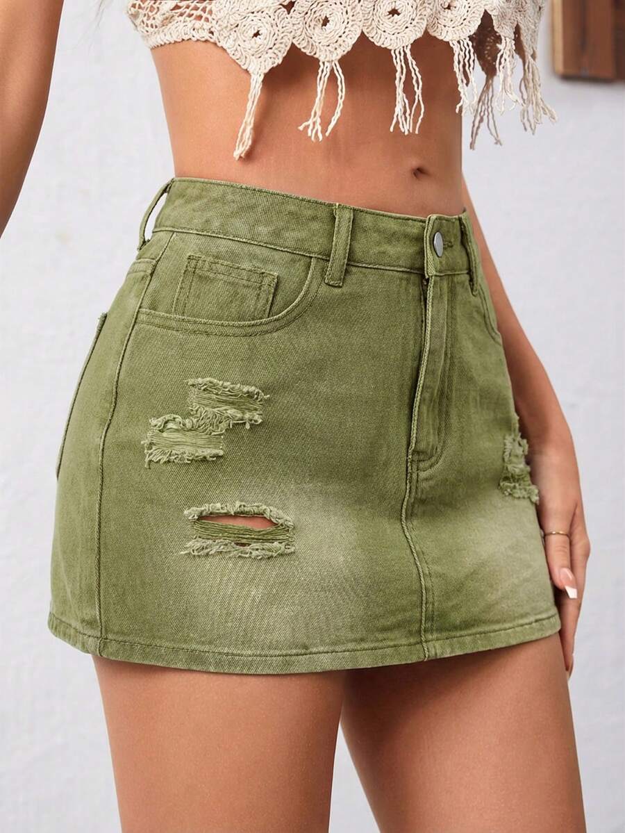 SHEIN Essnce 女士口袋做旧休闲修身牛仔迷你裙 - 綠色 - 查看 1
