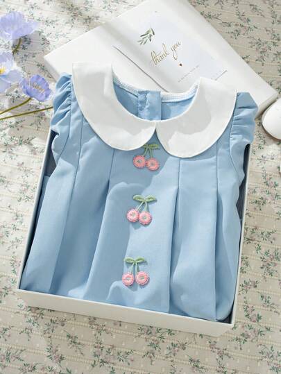 Souflis Souflis French New Style Light Blue Baby Girls' Puff Sleeve Double-Layer Peter Pan Collar A-Line Dress. Decorated With Small Cherries, Made Of High-Quality Fabric, A-Line Silhouette. The Puff Sleeves And Double-Layer Peter Pan Collar Design Add A Touch Of Playfulness And Cuteness. Whether For Everyday Wear Or Special Occasions, It Will Make Your Baby The Center Of Attention, An Indispensable Fashionable Piece In Your Baby's Wardrobe.