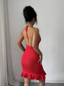 Rafferiza Women's Halter Tie-Up Backless Knitted Dress And Ruffle Cuff Knitted Cardigan Fashion Party Outfit
