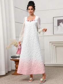 Yasmyna Women's Elegant Arabic Style Chiffon Dress With Textured Gradient Patchwork, Long Sleeve, Stand Collar, A-Line Silhouette, Spring/Summer