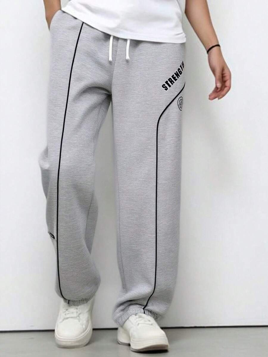 SHEIN Teen Boys Graphic Sweatpants Gray Polyester Everyday Casual With Pockets And Extra Long Design - White - View 1