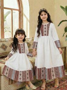 SHEIN Tween Girl Spring & Summer Casual Vacation Retro Stripes & Geometric Retro Print Patchwork Flare Sleeve Ruched Hem Long Dress - Burgundy - View 2