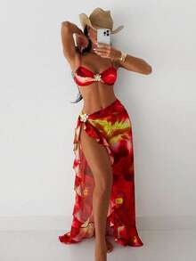Swim SXY Women's 3pcs/Set Red Floral Print Halter Bikini Top & Leaf Slit Skirt Swimwear, Summer Casual Beach Vacation Holiday Outfit,Boho Western Outfits - Multicolor - View 1