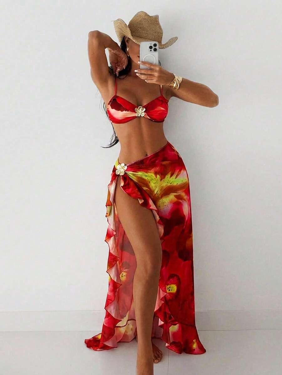 Swim SXY Women's 3pcs/Set Red Floral Print Halter Bikini Top & Leaf Slit Skirt Swimwear, Summer Casual Beach Vacation Holiday Outfit,Boho Western Outfits - Multicolor - View 1