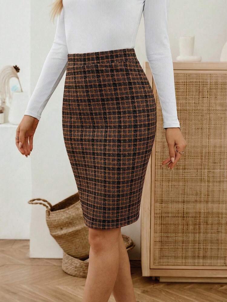Knitted Plaid Pencil Plus Size Skirt In Brown Knee Length Elegant Style