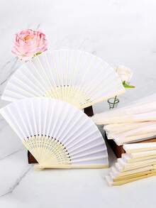 10pcs/25pcs White Folding Fan Bag Set, White With Transparent Bag Folding Fan, White Hand Fan, Transparent Bag, Bamboo Handheld Folding Fan - Multicolor - View 6