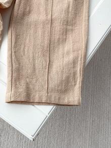 SHEIN Playful Pals Bộ 2 món áo sơ mi cổ bẻ tay dài và quần dài cho bé trai sơ sinh, chất liệu cotton pha linen, màu be, phong cách thường ngày mùa hè, đồ gia đình đồng bộ cho bé trai 6 tháng - 3 tuổi - Màu be - Xem 9