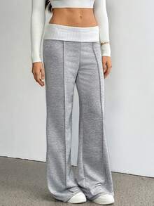 SHEIN Tall 女士夏季及夏季街头服饰外出休闲返校复古日常穿搭Y2K罗纹针织白色翻边裤法式灰色喇叭裤，夏季度假装扮 - 灰色 - 查看 6