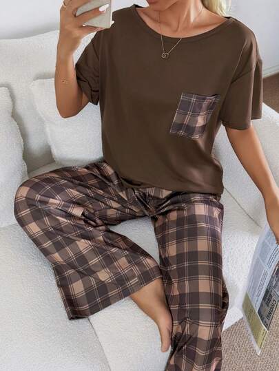 Dream Adore Women's Casual Round Neck Loose Plaid Print Short Sleeve Pajama Set