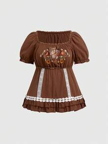 ROMWE Áo nữ cỡ lớn tay cánh hoa màu nâu viền ren họa tiết hươu và hoa phong cách Fairycore, Áo sơ mi ngắn tay cổ điển màu nâu phong cách Cottagecore, Áo kiểu tay cánh hoa cỡ lớn cho nữ - màu nâu - Xem 1