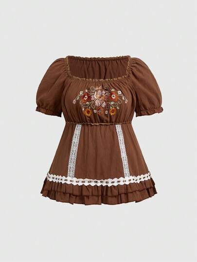 Fairycore Hirsch & Blumen Stickerei Muster Cottagecore Mädchen Braun Petal Ärmel Spitzenbesatz Damen Große Größen Top, Braun Cottagecore Vintage Damen Kurzarm Bluse, Damen Große Größen Petal Ärmel Bluse