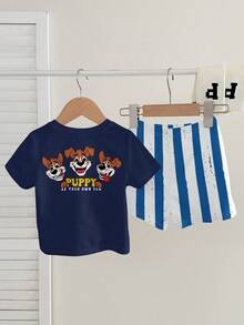 2pcs/Set Young Boy Casual Cute Cartoon Puppy Print Round Neck Short Sleeve T-Shirt And Striped Puppy Print Shorts, Suitable For Summer - Multicolor - View 4