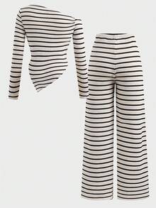 SHEIN 少女休闲条纹不对称T恤和裤子套装 - 黑與白 - 查看 2