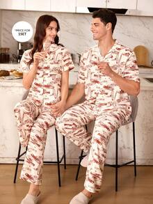 SHEIN Conjunto de pijama para hombre con estampado de burbujas en el cuello de solapa - Multicolor - Ver 1