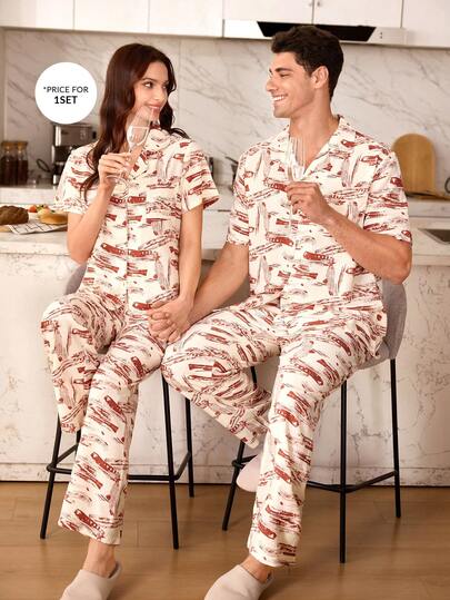 SHEIN Conjunto de pijama para hombre con estampado de burbujas en el cuello de solapa