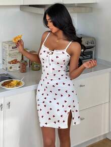 SHEIN 女士睡衣吊带撞色蕾丝蝴蝶结开衩睡裙 - 白色 - 查看 7