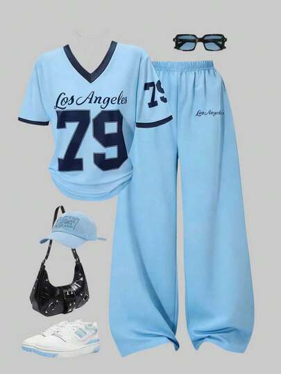 SHEIN ChillGRL Tonårsflicka, Mode, Casual, College, Numeriskt Tryck, V-ringad, Kortärmad, Vida Byxor, 2-delat Set